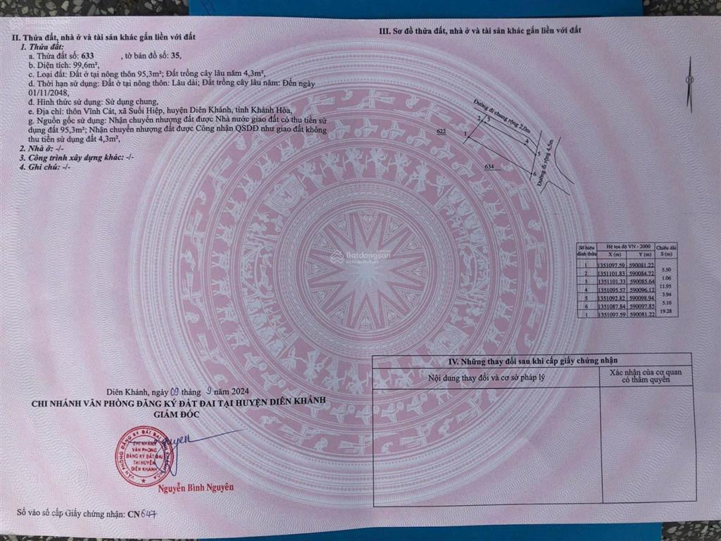 Bán đất đẹp tại thôn vĩnh cát, xã suối hiệp, huyện diên khánh, 12 triệu / m2, 99.6 m2