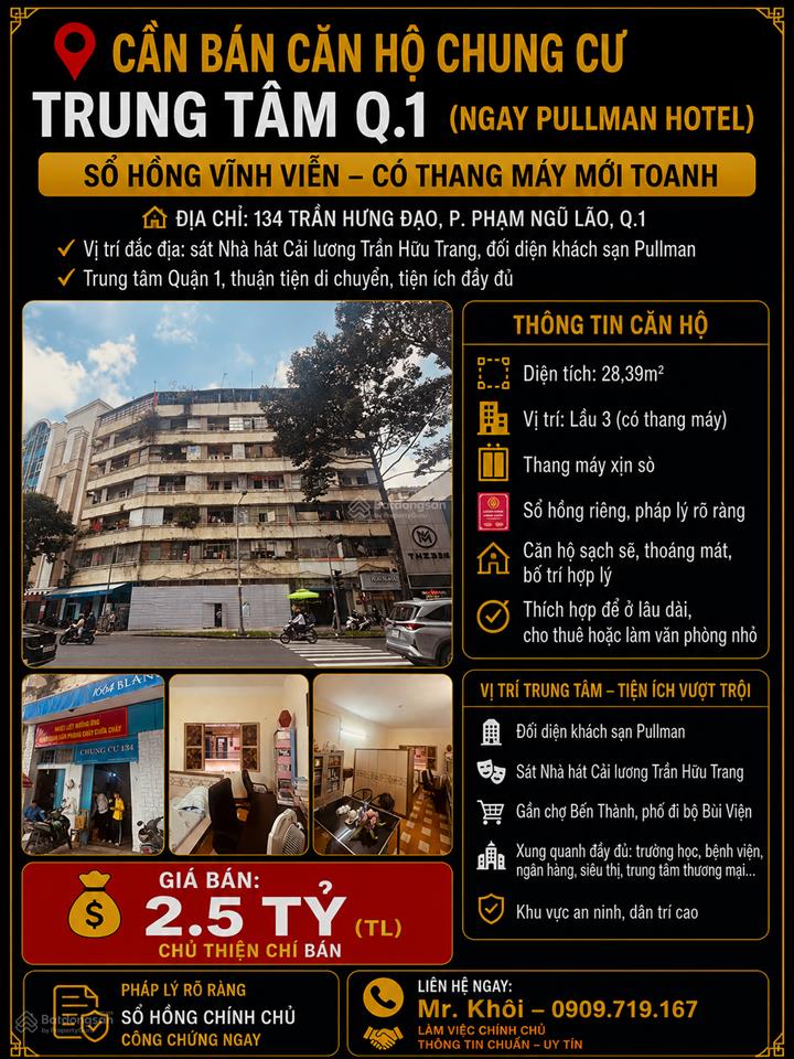 Căn hộ ngay trung tâm quận 1, số hồng vĩnh viễn có thang máy, 29m2 giá chỉ 2.5 tỷ.