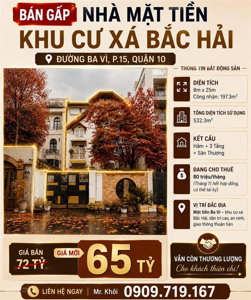 Giảm 7 tỷ! nhà mặt tiền ba vì, q.10. dt 8x25m, hầm, 3 tầng, st. thuê 80 triệu/tháng,