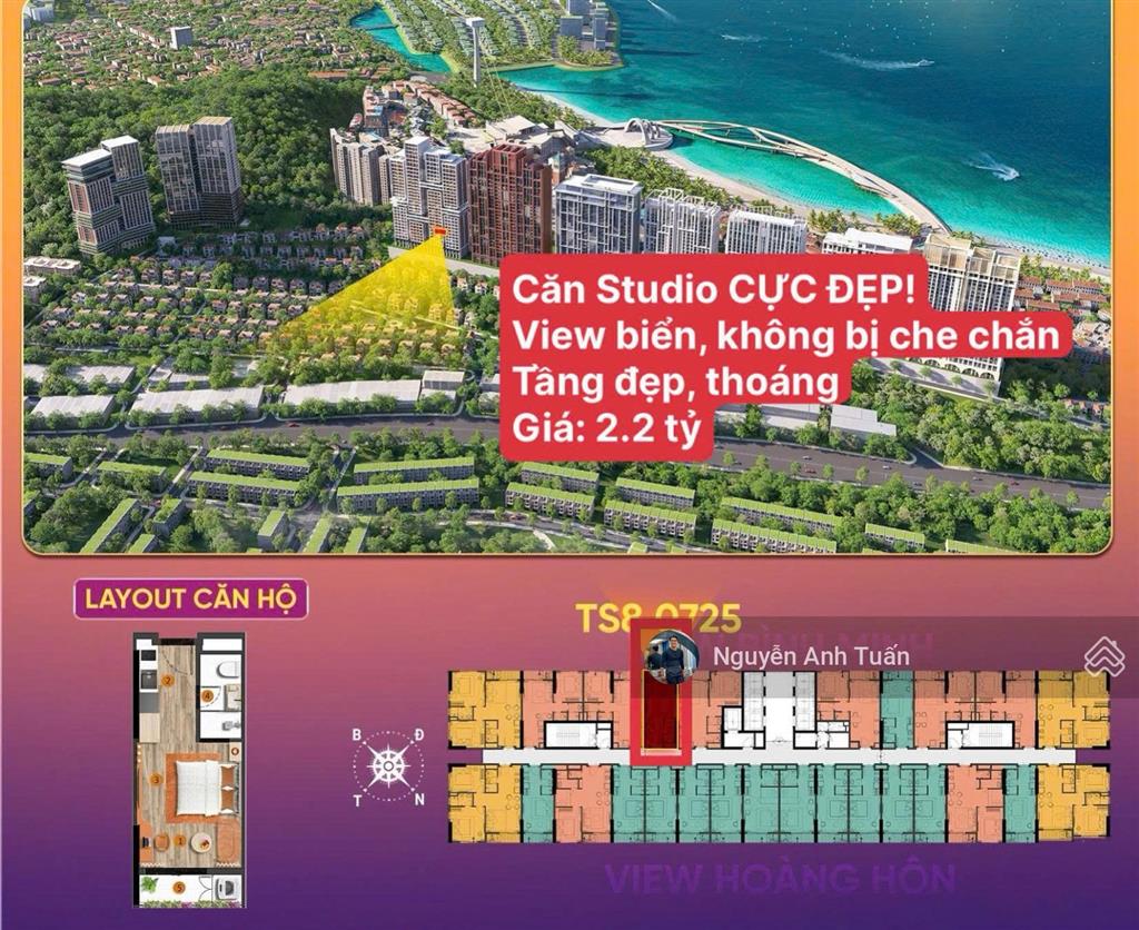 Bán căn studio quỹ ngoại giao view biển, đẹp nhất phú quốc, hướng mát, 30m2nhận nhà với 652 triệu