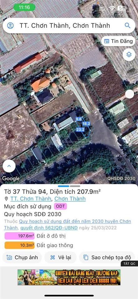 Đất 2 mặt tiền, ngay trung tâm hành chánh chơn thành, diện tích 10x23 mét