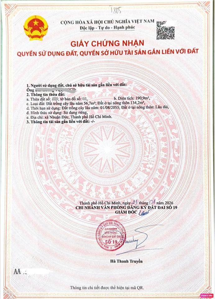 Bán gấp đất diện tích 190m2 giá 950tr đường bà thiên xã nhuận đức củ chi gần ủy ban  sổ hồng riêng