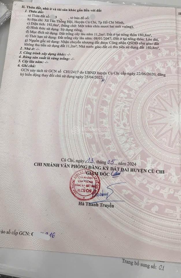 Bán gấp đất 192m2 giá 1tỷ3 đường trần tử bình xã tân thông hội, củ chi gần trường học sổ hồng riêng