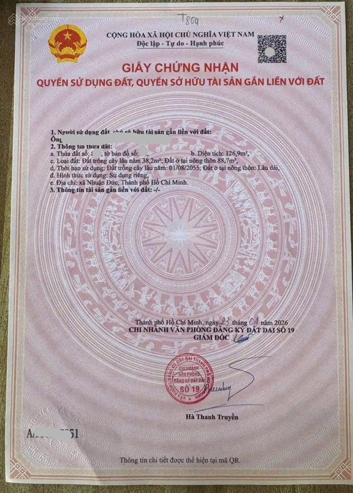 Bán gấp đất diện tích 126m2 giá 750tr đường bà thiên xã nhuận đức củ chi gần ủy ban  sổ hồng riêng