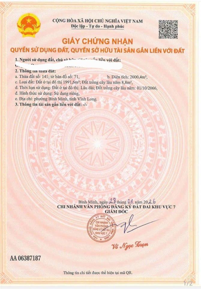 Bán 2.000,4m2 đất, full thổ cư, tỉnh lộ 910, phường bình minh, vĩnh long