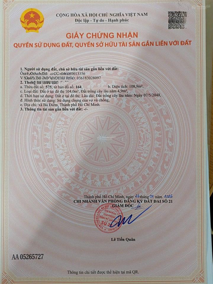 Lô đất 5x24m thổ cư  xtt 27 ( xã bà điểm mới )  chỉ 3.75 tỷ