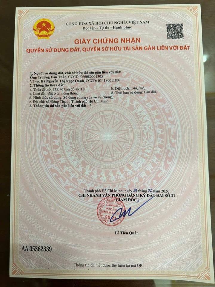 Bán lô đất 145m2 thổ cư  bùi công trừng gần chợ gấu, đặng thúc vịnh  chỉ 3.35 tỷ
