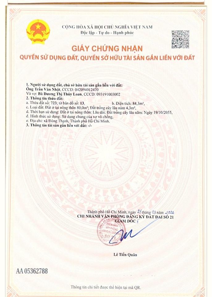 Bán lô đất thổ 5x19m, đặng thúc vịnh, đông thạnh, gần ngã 3 đồn  giá 2.7 tỷ tl