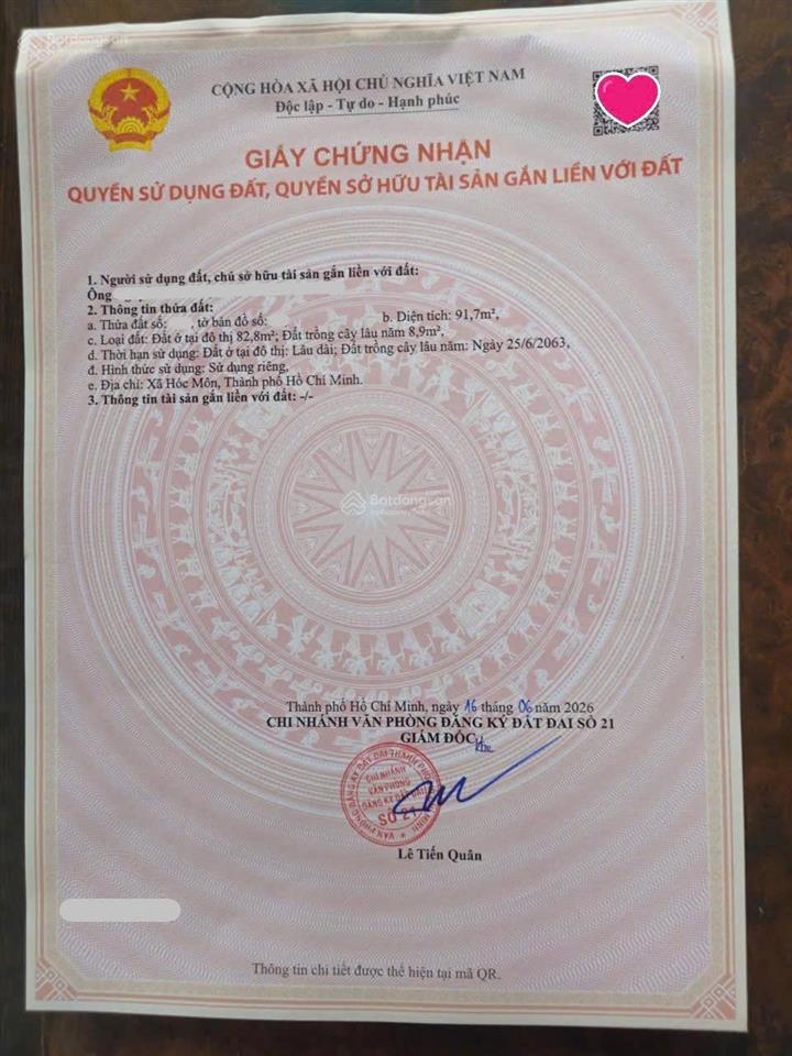 Đất thổ cư 92m2 đường lý thường kiệt, sau lưng bv hóc môn  chỉ 2,85 tỷ