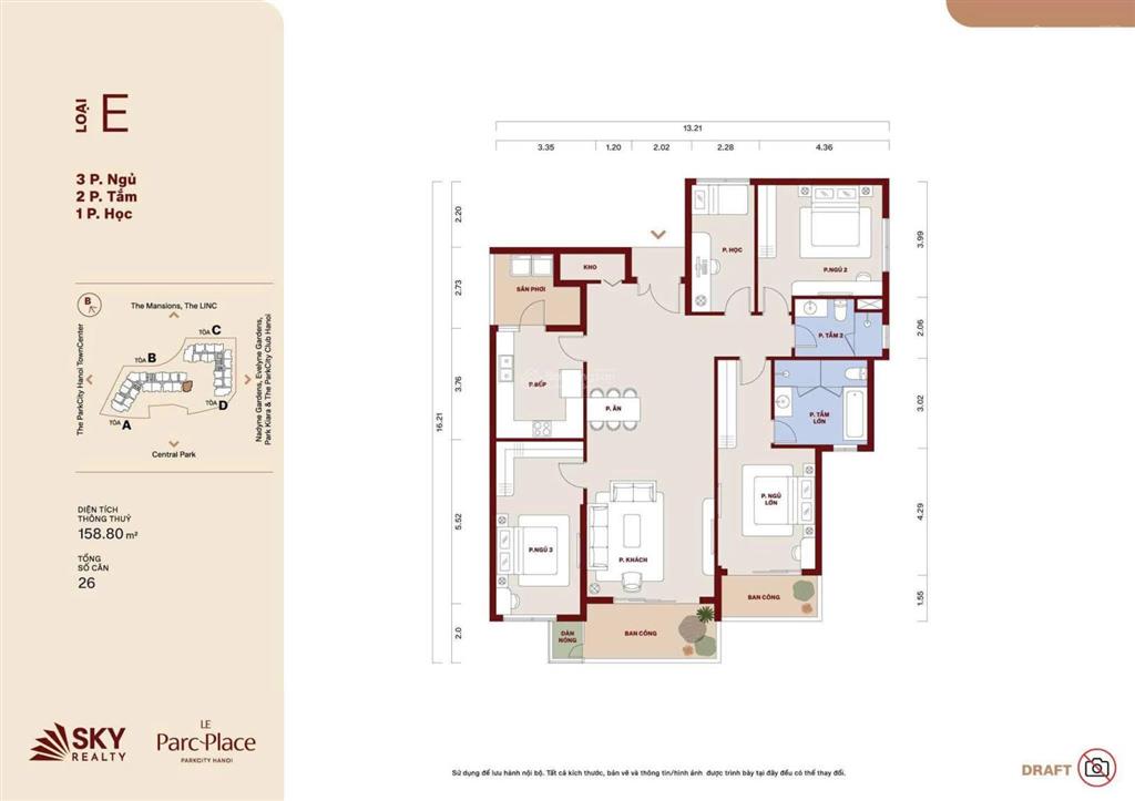 Phiên bản giới hạn chỉ 26 căn trên tổng 802 căn le parc place dt 158m2 3pn + , 2wc view hồ tầng 1x