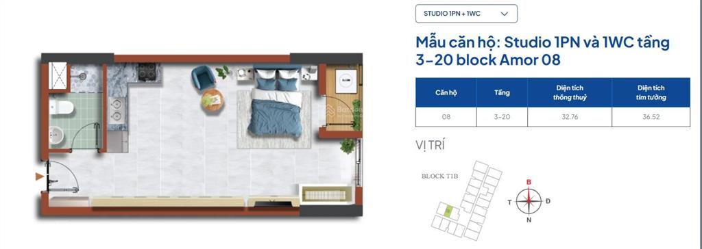 Tôi chủ cần bán căn studio  tầng trung view hồ bơi giá 1 tỷ 03