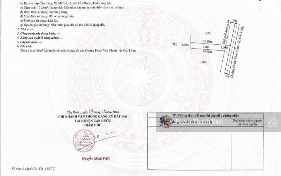 Bán lô dt830, mỹ lệ, cần đước, bán gấp đất 166m2 full thổ cư, giá 770 triệu