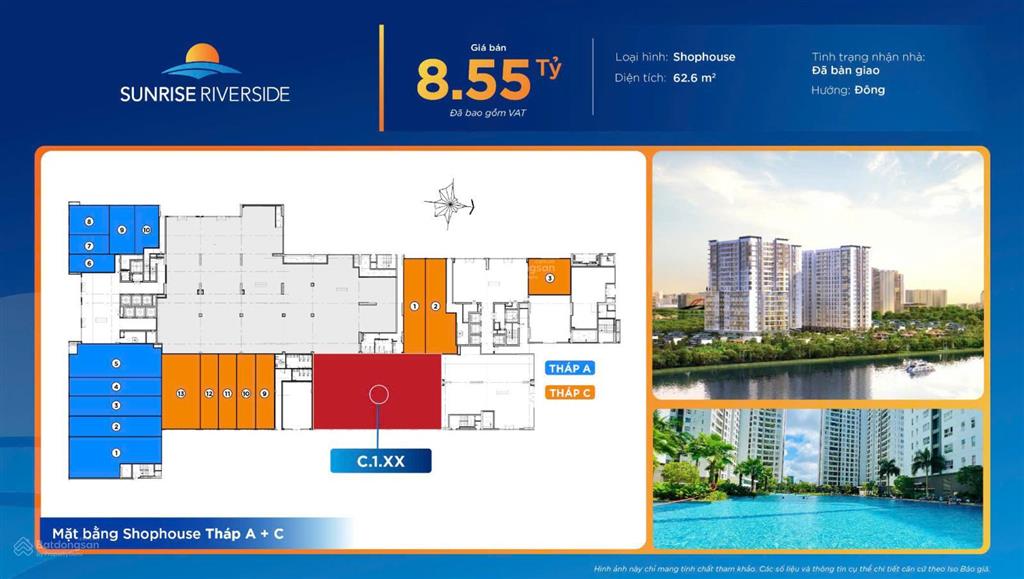 Bán shophouse sunrise riverside 62.6m² đối diện hồ bơi giá 8.55 tỷ