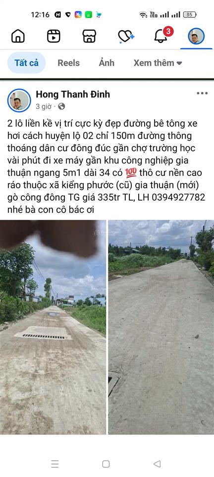 Bán đất nền cao ráo, ngang 5m1, dài 34m, có thổ cư