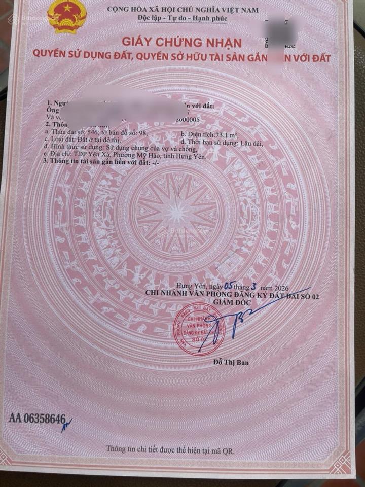 Tdp yên xá phan đình phùng phường mỹ hào, dt 73m2. lô góc hai mặt tiền. đương thông ô tô