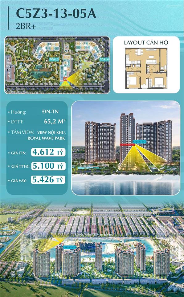 Siêu hiếm căn 2n+ căn góc 65m, hướng đông nam tây nam view hồ tạo sóng giá chỉ 4,613 tỷ