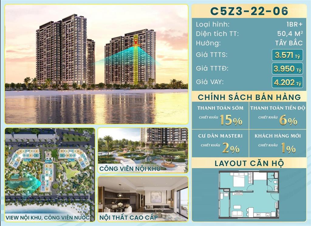 Căn 1pn+ view hồ tạo sóng và công viên nội khu  pk the sand