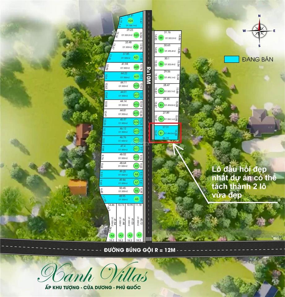 Bán lô đất 495m2 full đất ở đẹp nhất dự án xanh villas búng gội, cửa dương, phú quốc 3,7 tỷ