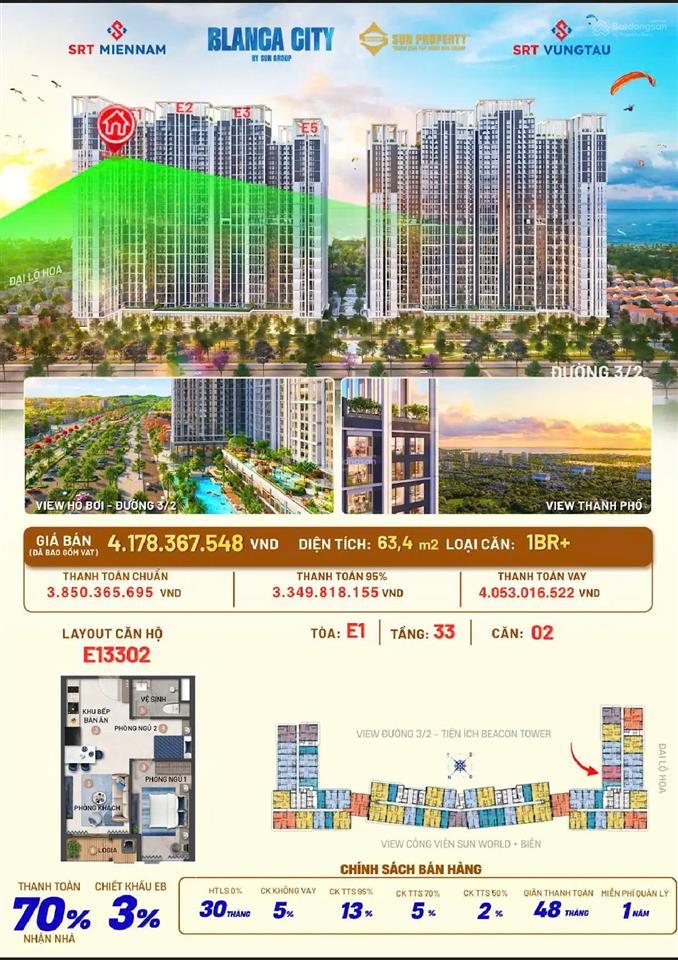 Bán căn hộ 1pn+ tầng cao beacon  blanca city vũng tàu, giá 3 tỷ 349