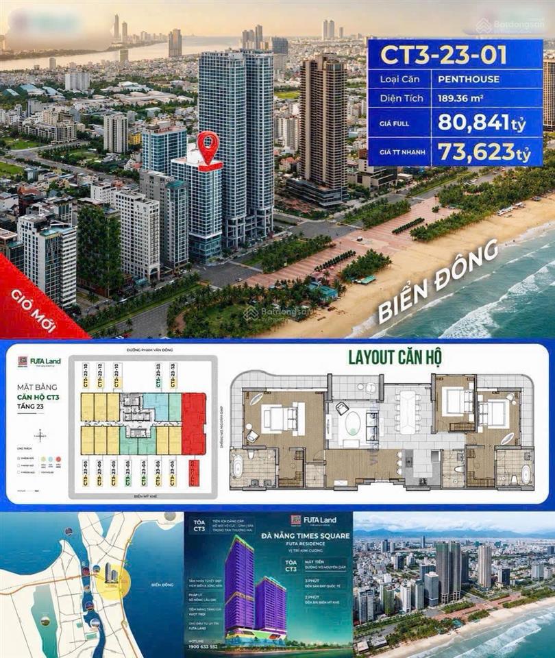 Penhouse times square  3 mặt view trực diện biển, vị trí độc tôn số 1 tại mặt biển đà nẵng