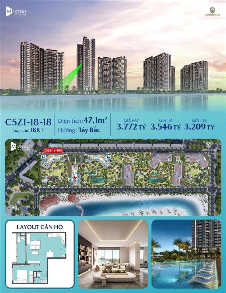 Chỉ với 68 triệu/m2 quý anh chị sở hữu ngay căn 1 ngủ cao cấp của masteri homes