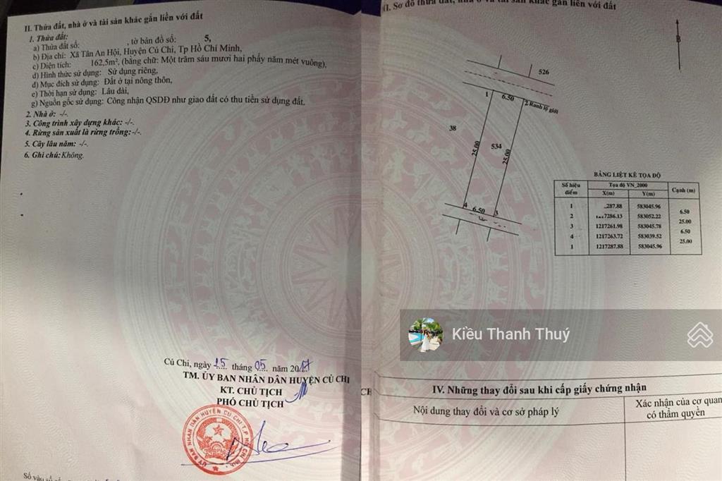 Chủ kẹt tiền cần bán gấp lô đất đ. ninh tốn  tân an hội  dt 6,5x25m  giá tl. shr