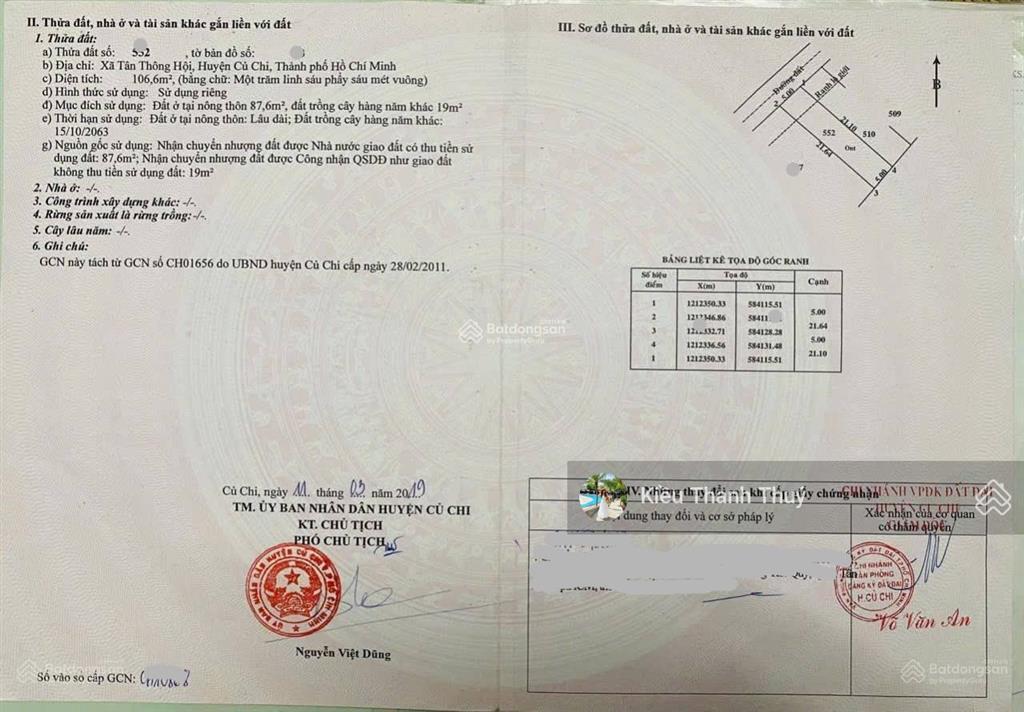 Chính chủ cần bán gấp miếng đất 106m2 đ. suối lội, tân thông hội. sổ hồng riêng. gía rẻ 1 tỷ đúng