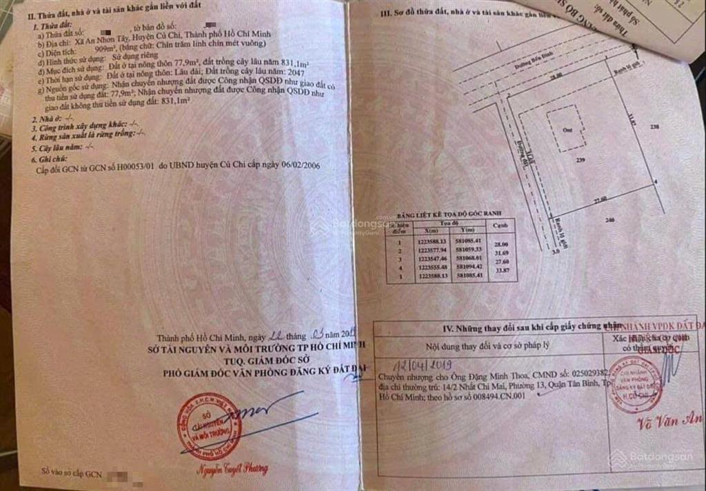 Bán đất 909m2 có sẵn 80 m2 thổ cư giá 22,75 tỷ tại đường bến đình xã an nhơn tây huyện củ chi
