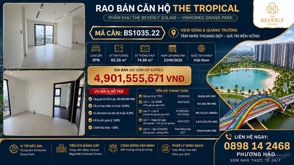 Giảm hơn 1,54 tỷ căn 3pn view triệu đô chỉ còn 4,9 tỷ. quỹ hàng trực tiếp cđt, số lượng cực hạn!