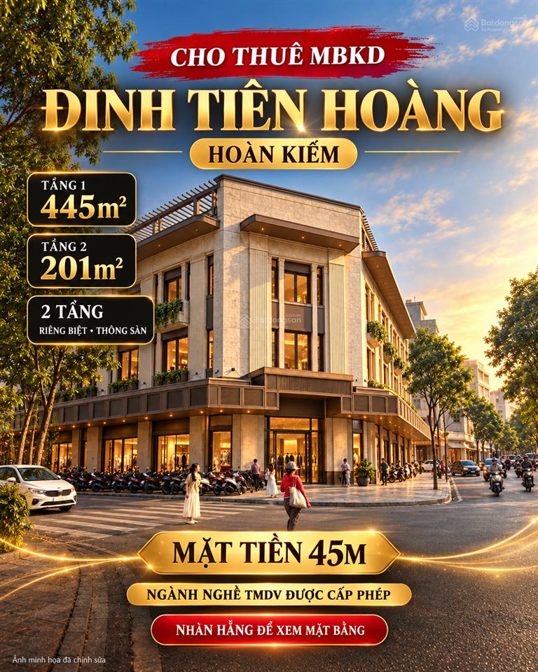 Cho thuê mặt bằng kinh doanh đinh tiên hoàng, hoàn kiếm mặt tiền 45m