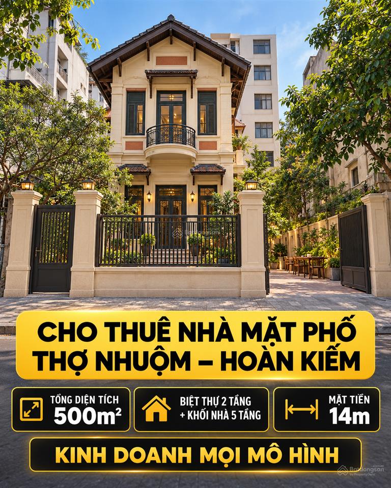 Cho thuê biệt thự mặt phố thợ nhuộm, hoàn kiếm khuôn viên 500m, mặt tiền 14m