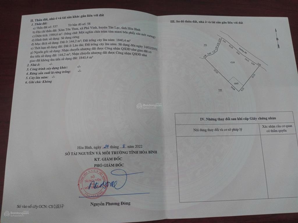Chính chủ cần chuyển nhượng thửa đất đẹp tại phú vinh  tân lạc  hòa bình (nay là phú thọ)