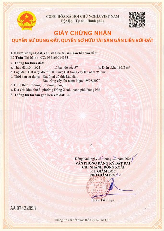 Chính chủ cần bán lô đất ngay khu phố 3, phường đồng xoài giá 375tr