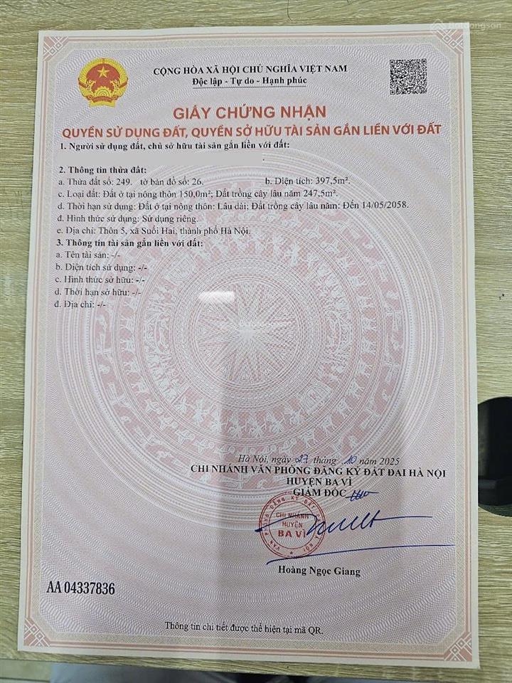Chính chủ bán 397,5m2 đất suối hai ba vì, thổ cư 150m2, mặt tiền 21,63m, sổ đỏ mới 2025