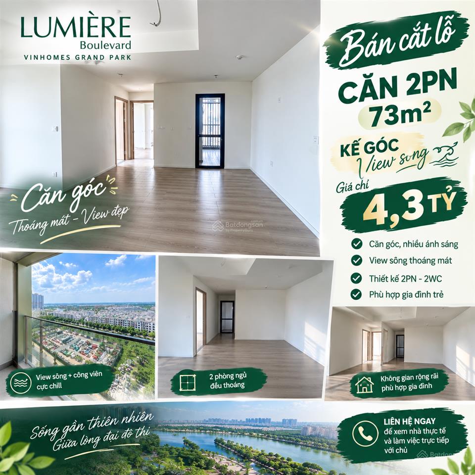 Bán cắt lỗ 2pn 73m2 ntcb lumière boulevard masterise homes view sông giá 4,3 tỷ nhận nhà ở ngay