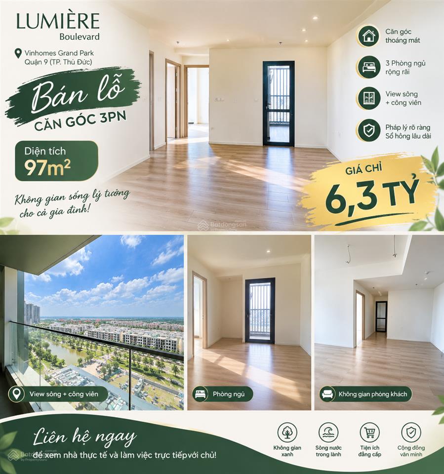Cần bán lỗ căn góc 3pn  97m lumière boulevard view trực diện sông & công viên giá chỉ 6,3 tỷ