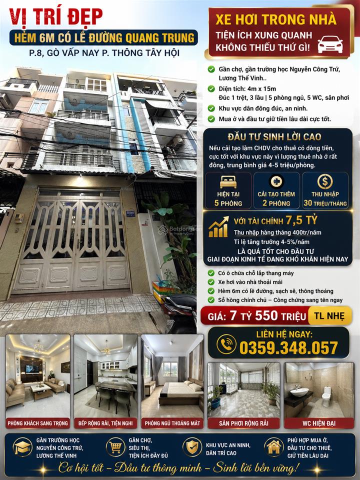 Cơ hội đầu tư tốt nhà 3 lầu quang trung 4x15m p. 8 gv gần công viên làng hoa,chợ hạnh thông tây.