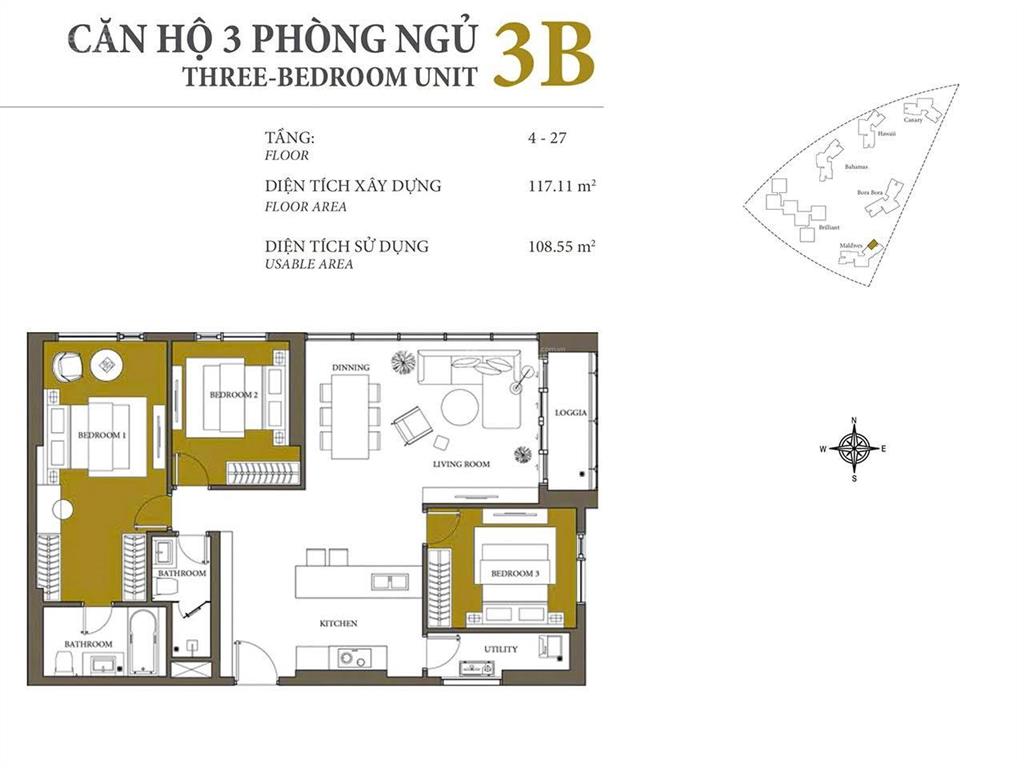 Bán căn hộ tại đảo kim cương tháp maldives gồm 3 phòng ngủ view nội khu và sông sài gòn