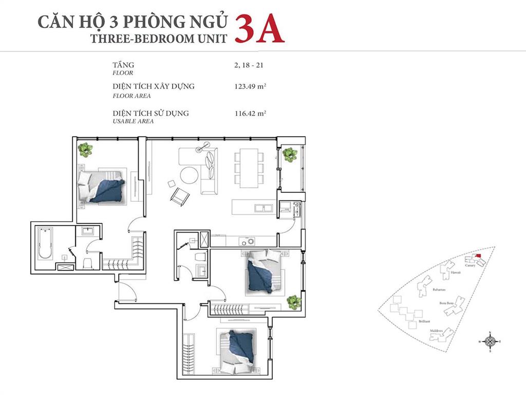 Cho thuê căn hộ tại đảo kim cương tháp canary gồm 3 phòng ngủ nội thất đầy đủ view đẹp