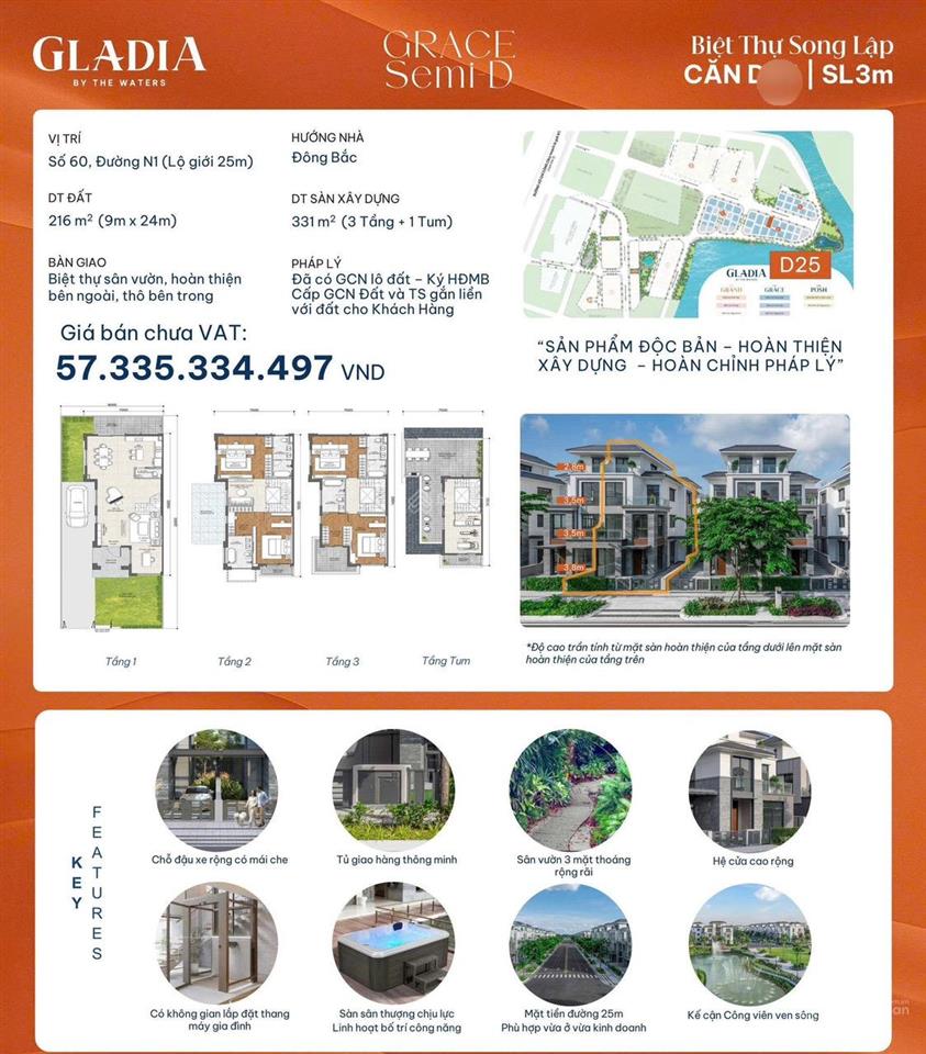 Biệt thự song lập 216m2(9x24) ,4 tầng,mặt tiền đường 25m, khu compound vip quận 2  gladia