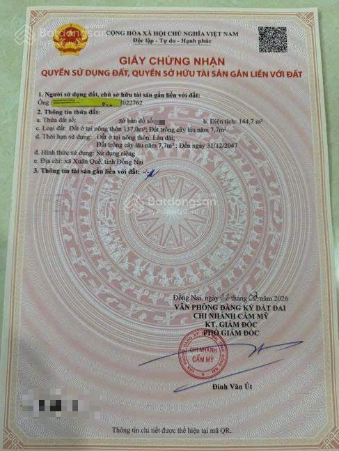 Bán đất 144.7m2 có sẵn 137m2 thổ cư ngang 300m giá 179 tỷ tại xã xuân quế