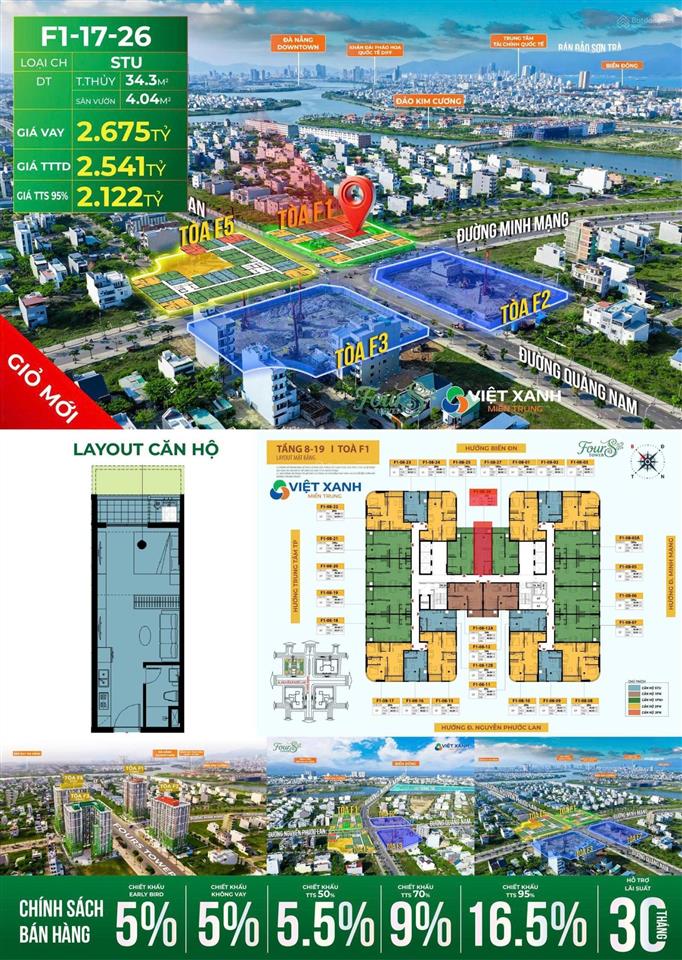 Hiếm. studio view biển+sân vườn + tầng cao fours tower 38m ,2 tỷ, dòng tiền cho thuê tốt