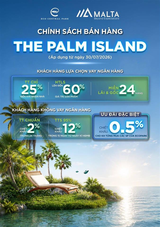 Chỉ từ 2,9 tỷ sở hữu biệt thự đảo the palm island eco central park với mật độ xây dựng 14%