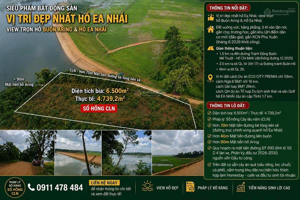 Bán gấp giảm 2,5 tỷ còn 2,5 tỷ đất cà phê, sầu riêng, 3 mặt tiền đường và hồ