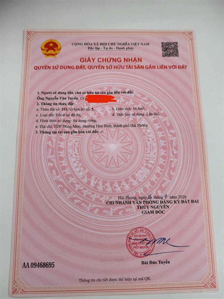 Bán đất phường hoà bình. cách núi đèo 1,5km. dt 56,8m2. 765 triệu. đường 4m ô tô đỗ cửa