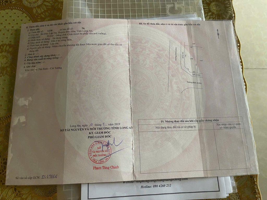 BÁN ĐẤT ĐỨC HOÀ TỈNH TÂY NINH - DT 93,6 M2 - SHR - 2TỶ050TR. LH:0903974577