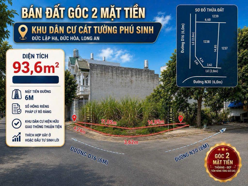BÁN ĐẤT ĐỨC HOÀ TỈNH TÂY NINH - DT 93,6 M2 - SHR - 2TỶ050TR. LH:0903974577