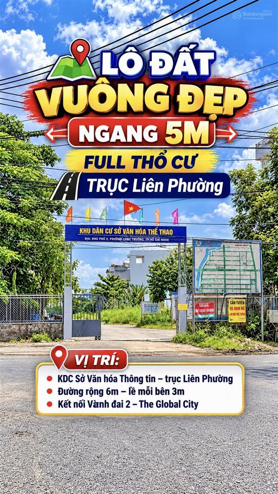 Lô đất vuông đẹp  85m2  full thổ cư  trục liên phường