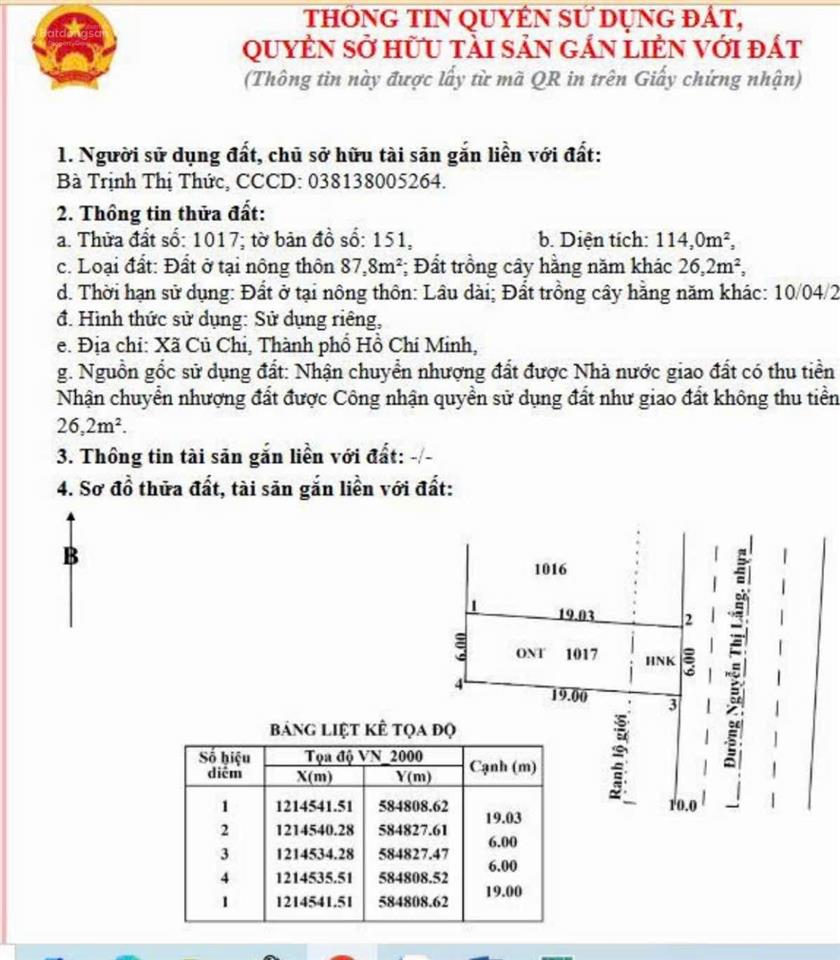 Bán lô đất thổ cư full 6x 20m, đường nguyễn thị lắng phước vĩnh an, xã củ chi