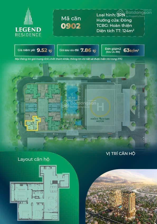 Ngay giữa trung tâm thành phố bán căn hộ 3pn, 2wc, 7,86 tỷ, 124m2